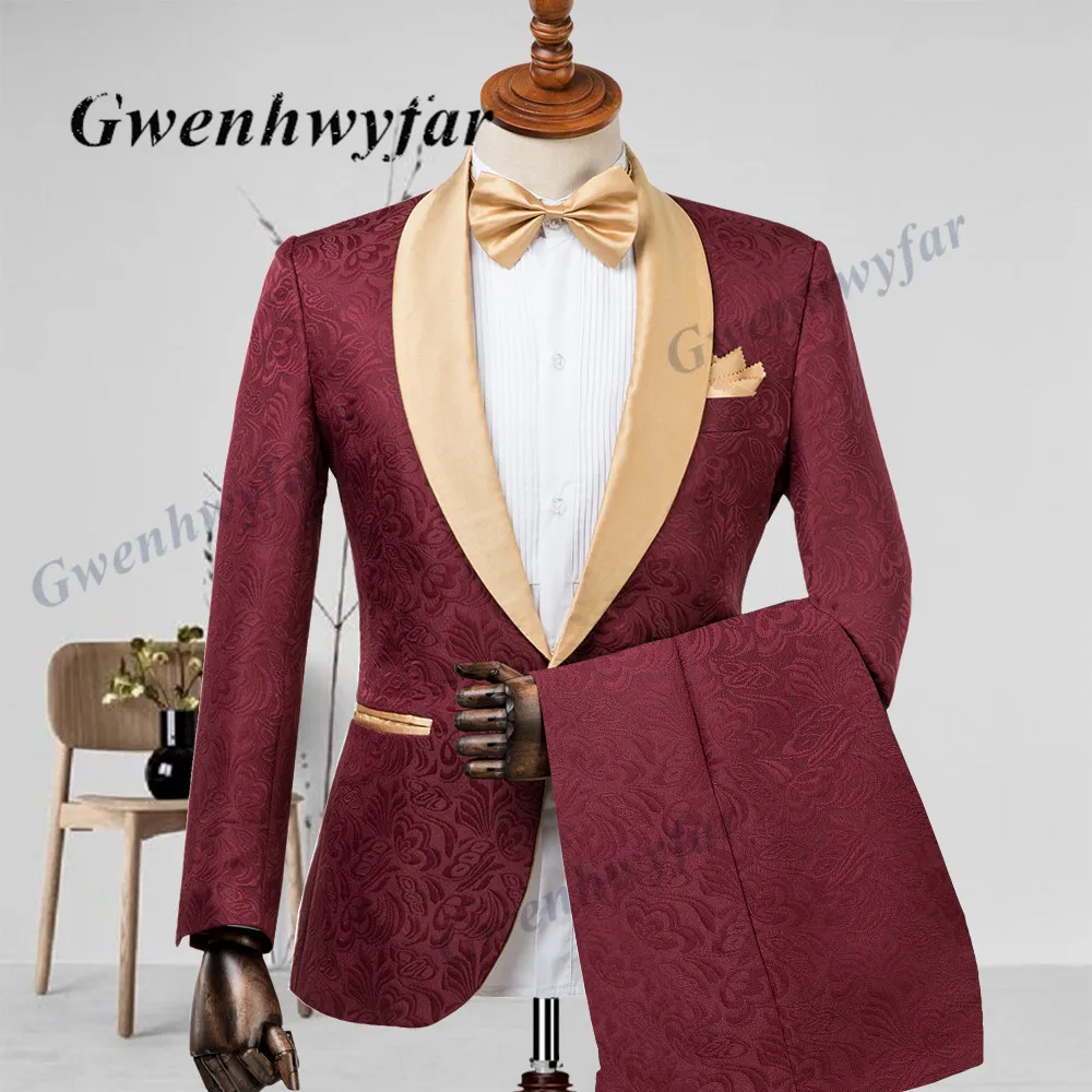 Gwenhwyfar Mens Wedding Suits Italian Design Made Champagne Smoking Tuxedo Jacket 2 Piece Groom Terno Suits FOR MEN mens suit