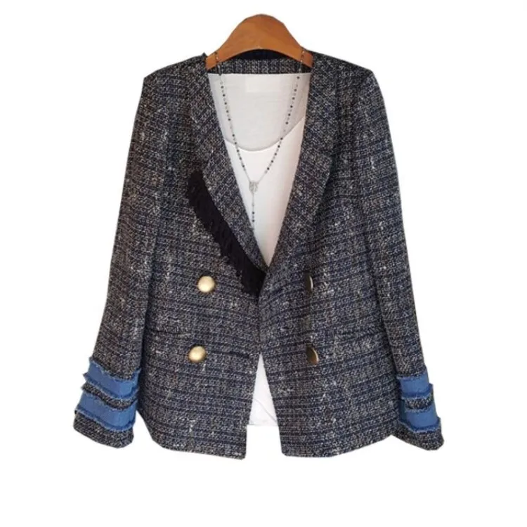 

2019 New fashion Plaid Tweed Women's Jacket Coats Tassel Double Breasted Long Sleeve patchwork Denim Jackets Coat Female Outwear