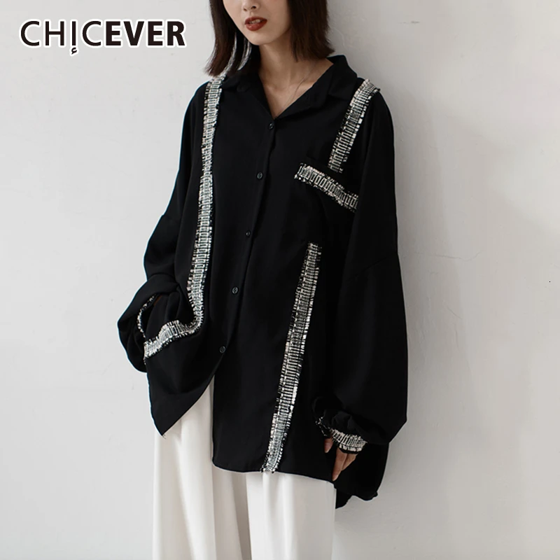 

CHICEVER Vintage Patchwork Striped Hit Color Shirt Women Lapel Collar Long Sleeve Oversize Casual Blouse Female 2020 New Clothes