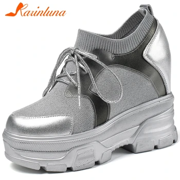 

Karinluna New Fashion 2020 Large Size 32-40 Genuine Leather Platform Comfortable Shoes Woman Pumps Lace Up Shoes Women Pumps