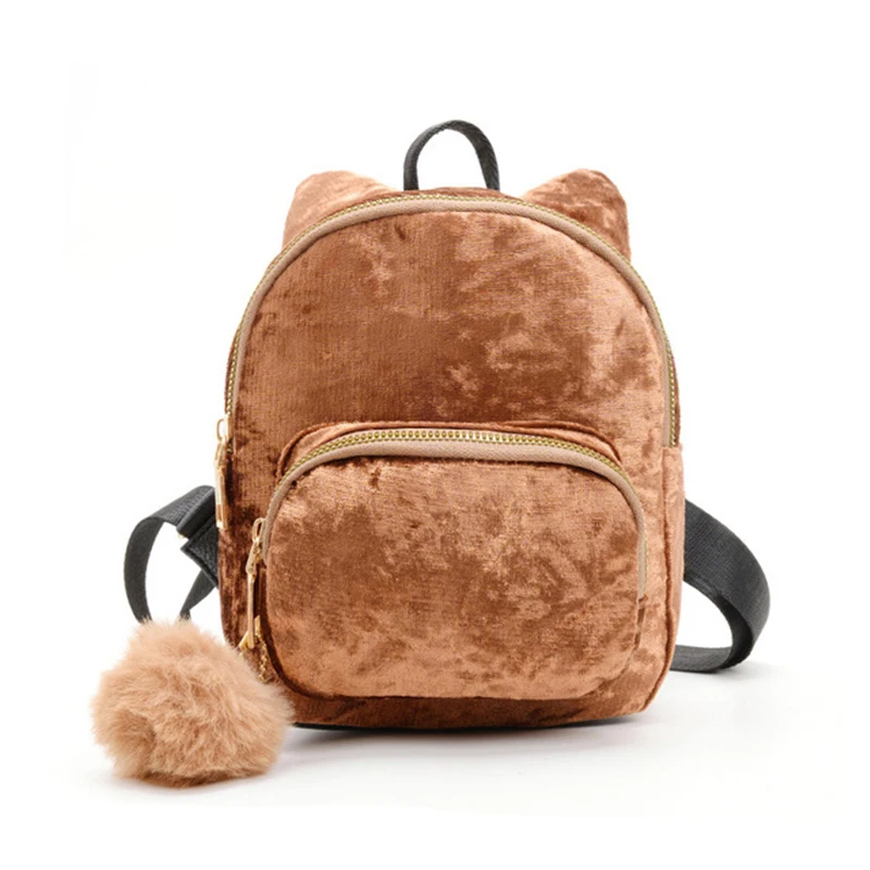 Коричневый New Fashion Women Backpack Velour Female Bag Zipper Ladies Backpacks Girl Cartoon Kitten Ear Hair Ball Desinger Shoulder Bags - Цвет: Коричневый