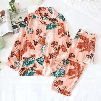 

2 Pieces Summer Plant Printed Pajamas For Women Elegant Sleepwear Cotton Long Sleeve Big Size Pajamas Set Femme Home Service