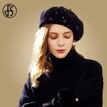 

FS Ladies Vintage Wool Beret Black Hats Church For Women Casual Beanies Hat Yellow With Rhinestone Berets Caps Chapeau Femme