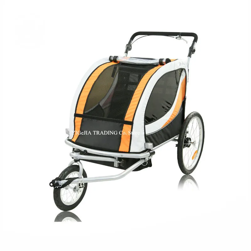 2 в 1 Близнецы велоприцеп с дождевой крышкой, двухместная игрушечная тележка, 20 дюймовое большое колесо прицеп для велосипеда, преобразует в коляску/Jogger - Цвет: Оранжевый