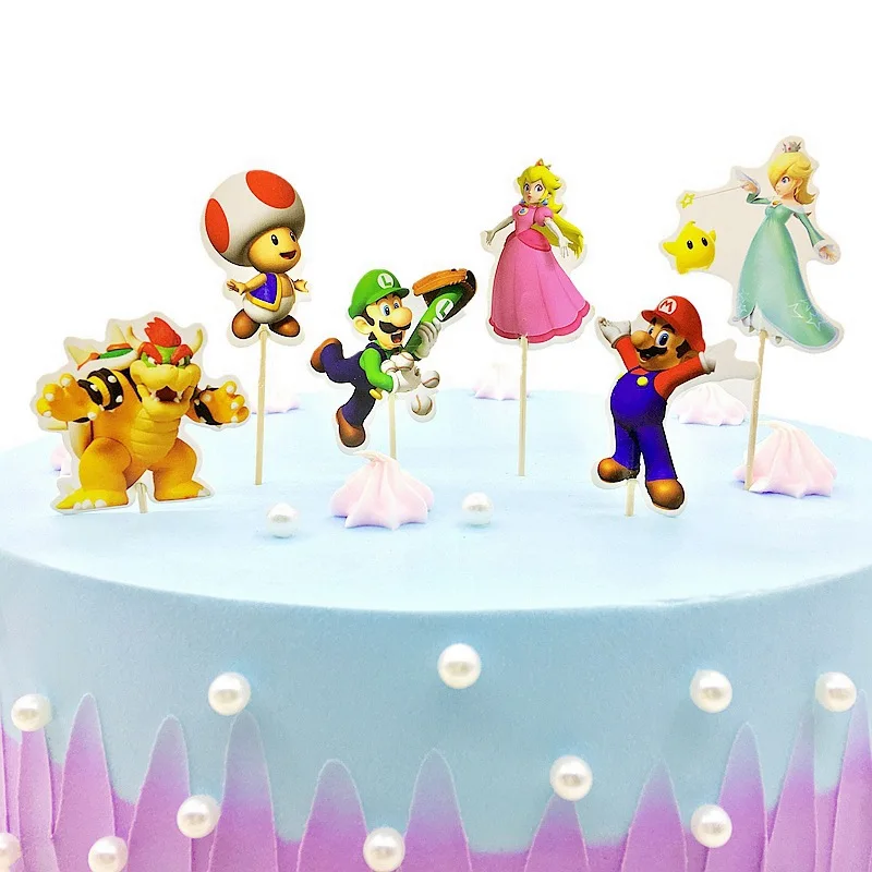 24 Uds super Mario Cupcake Toppers para caricatura de fiesta de cumpleaños juego Luigi Mario Bros Yoshi de artículos de Decoración de Pastel, regalos