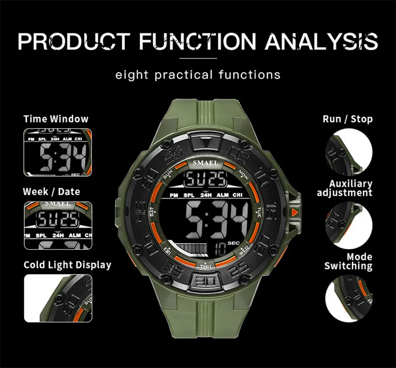 SMAEL 1543 Мужские Цифровые часы с большим циферблатом, военные спортивные часы, хронограф, задний светильник, водонепроницаемые мужские наручные часы, Автоматическая Дата