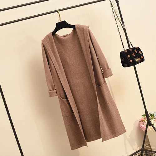 khaki Neploem Autumn Winter Hooded Sweater Open Stitch Women Long Knitted Cardigan Long Sleeve Pocket Loose Solid Outerwear 55129 - Цвет: khaki