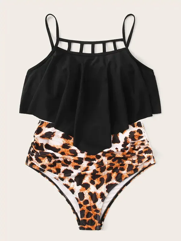 Swimwear Women Sunflower Print Ruffle Two Piece Swimsuit Female Halter Bathing Suit Beach High Waist Swimwear Banador Mujer - Цвет: leopard