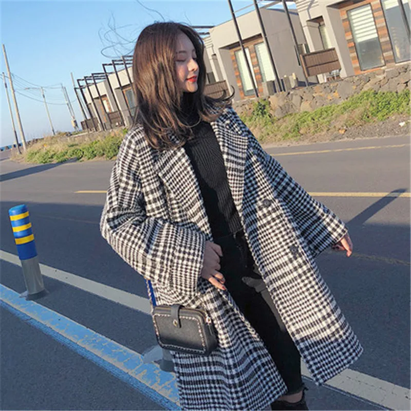 

Fashion Long Woolen Coat Female 2019 Korean Retro Autumn Winter Plaid Wool Jacket Women Outerwear XA164