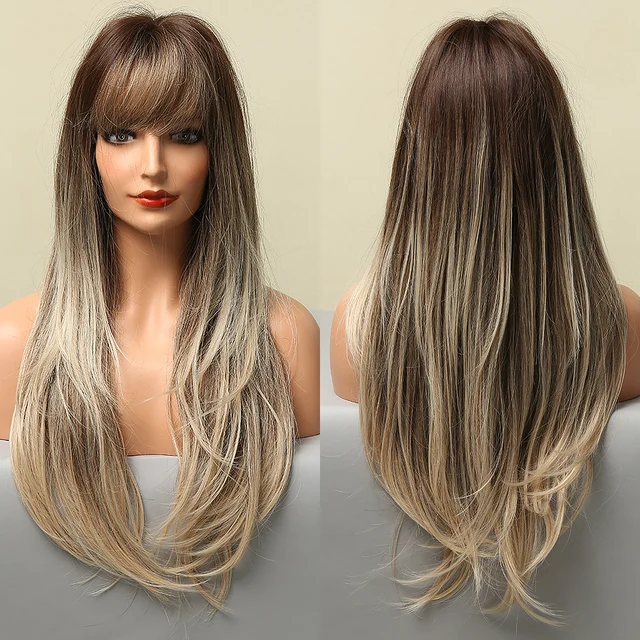 GEMMA Red Brown Copper Ginger Long Straight Synthetic Wigs for Women Natural Wave Wigs with Bangs Heat Resistant Cosplay Hair LC5220-1