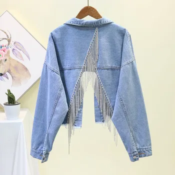 

2020 New Women Denim Jacket Heavy Tassels Short Jackets Cutout Hollow Jean Jacket Wash Long Sleeve Vintage Casual Female Outwear