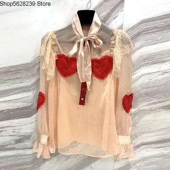 

D Luxury Court Wind Blouse Top Rose Button Lace Edge Horn Sleeve Loose Chiffon Shirt Female