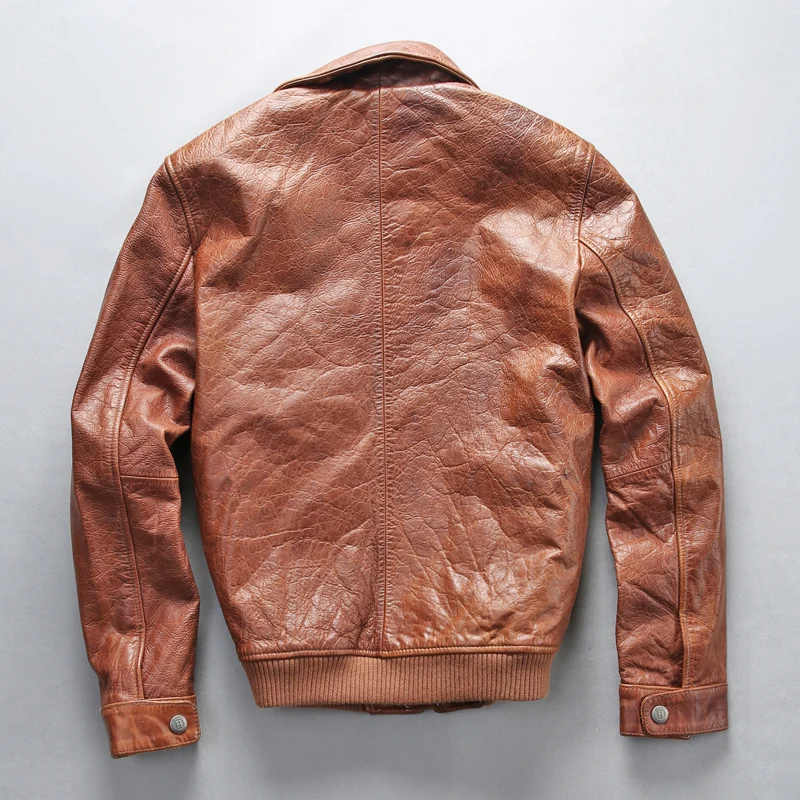 Male Genuine Leather Brown Jacket Simple Vintage Classic Cowskin Motorcycle Rider Jacket for Male European American Style Coat