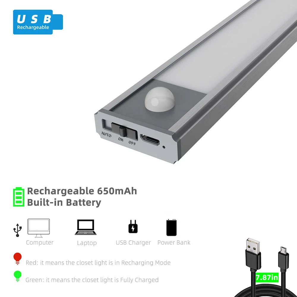 Светодиодная подсветка под шкаф 20/30 см USB Перезаряжаемые движения Сенсор шкаф Ночной светильник с Магнитная прокладка для Кухня шкаф прихожей