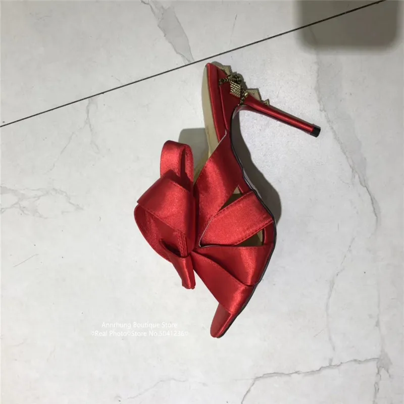 Luxury Satin Slippers Butterfly Knot High Heels Women Sexy Open Toe Thin High Heel Catwalk Slippers Metal Rivet Decor Shoes