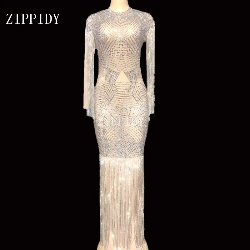 

Sparkly Crystals Chains Mesh Perspective Dress Evening Party Long Dresses Birthday Celebrate Dress Singer Performance YOUDU