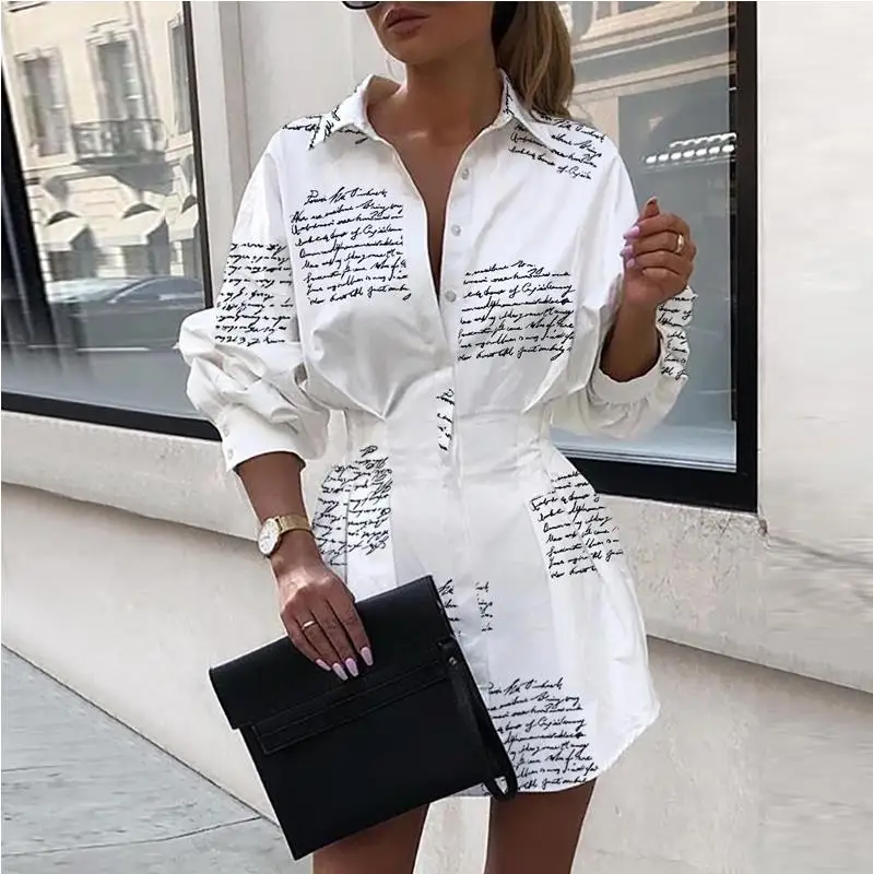  2019 Office Lady Turn-Down Collar Blouse Shirt Dress Women Autumn Long Sleeve Print Mini Dress Eleg