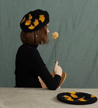 

Handmade wool felt ginkgo biloba autumn and winter woolen wild painter hat black wild creative gift hat