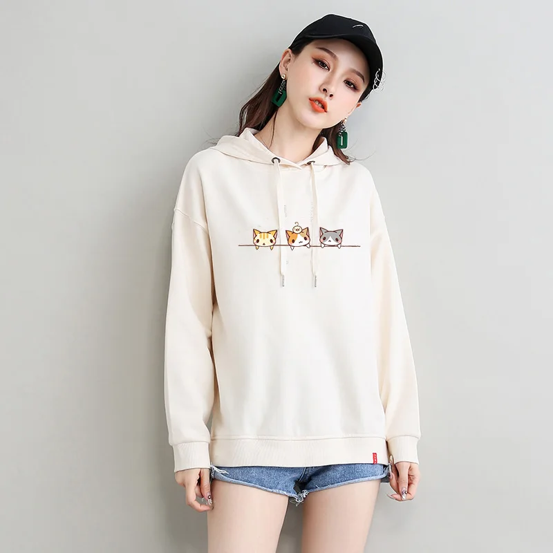 Beige Женские толстовки с котом, худи большого размера kpop kawaii harajuku, женская одежда большого размера плюс, Женская толстовка с принтом на весну и осень - Color: Beige