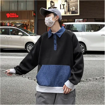 

New fall/winter 2019 slimming jeans stitched together with a Sweatshirt loose casual lapel personality youth men's wear