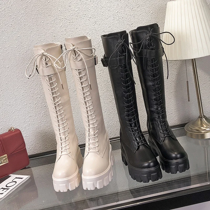 patent leather knee high boots fashion women's increased shoes winter warm lace-up long boots platform punk boots