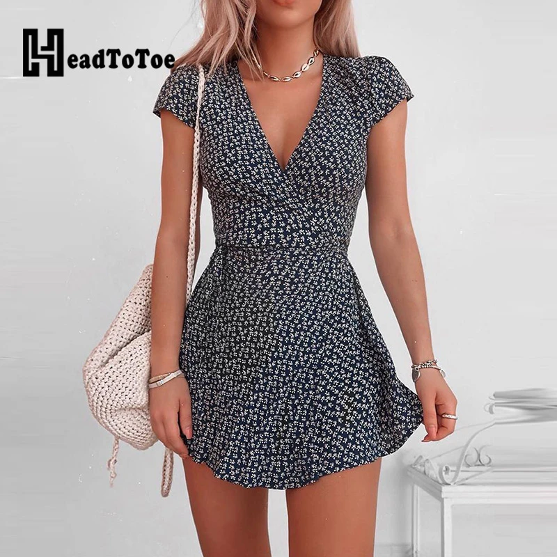 Floral Print Short Sleeve Wrap Dress 