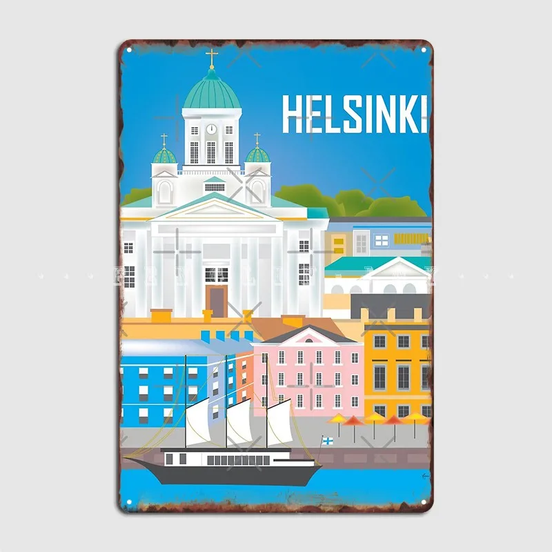 

Helsinki Finland Skyline Illustration By Loose Petals Metal Sign Club Home Mural Decoration Plates Tin Sign Poster