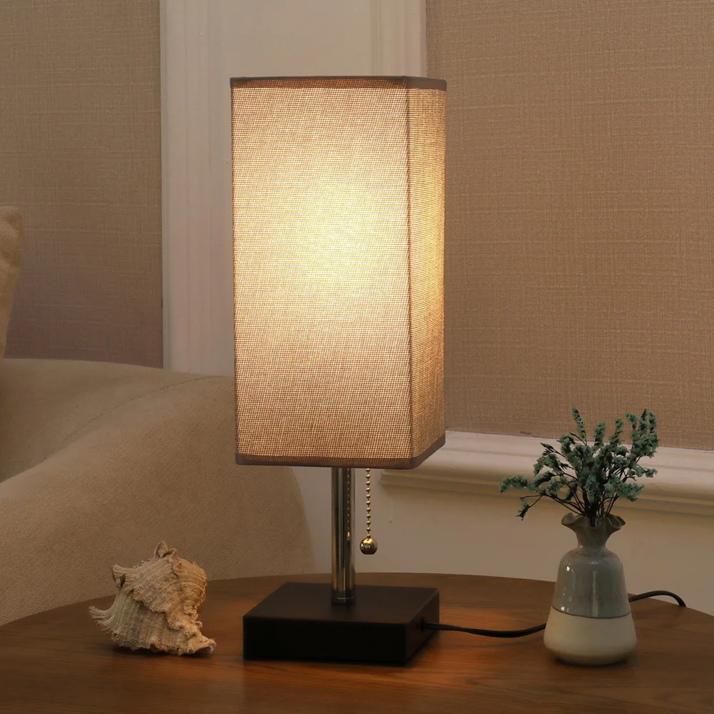 Modern Design Bedside Table Lamps Linen Fabric Shade Square Nightstand