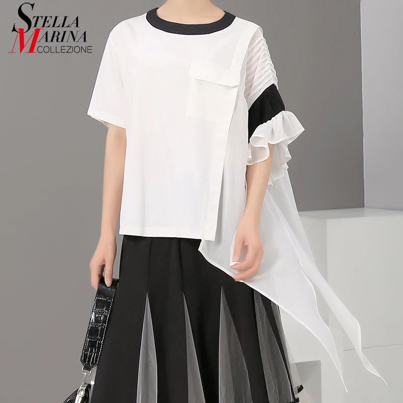 Новинка, женская футболка в Корейском стиле, большие размеры, длинная, левая, женская, стильная футболка с уникальным дизайном, стильная, стильная футболка, Femme 5253