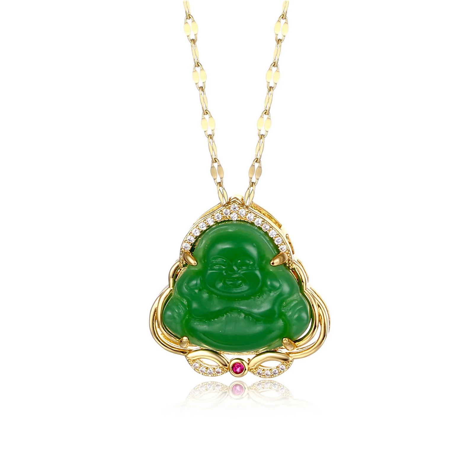 Laughing Buddha Pendant Necklace Chokers 2022 Year 18k Gold Plated Chain Green Jade Cubic Zirconia Gemstone Lucky Amulet Jewelry |