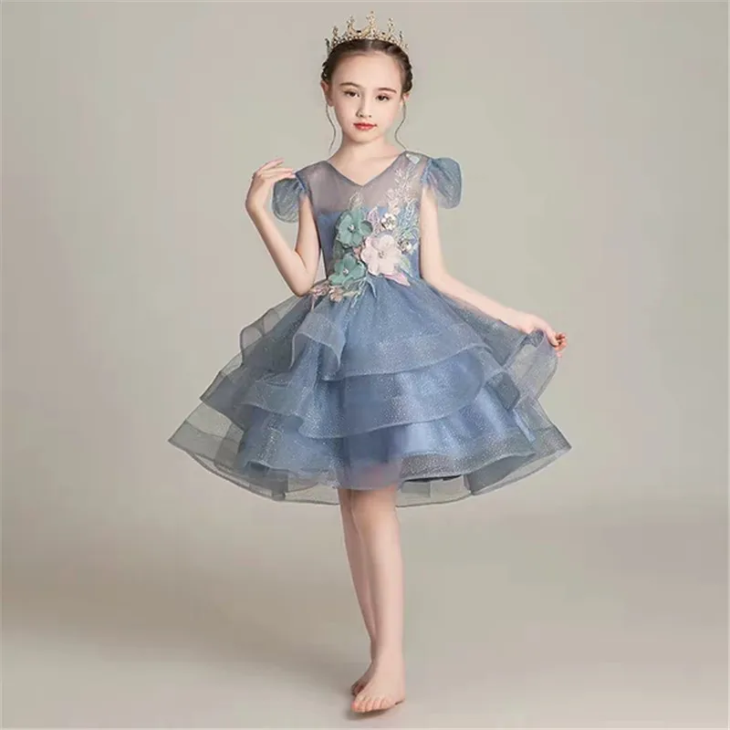 Детское модное платье с v-образным вырезом и аппликацией в виде цветов; платье с длинным хвостом для выступлений; детское вечернее платье для дня рождения