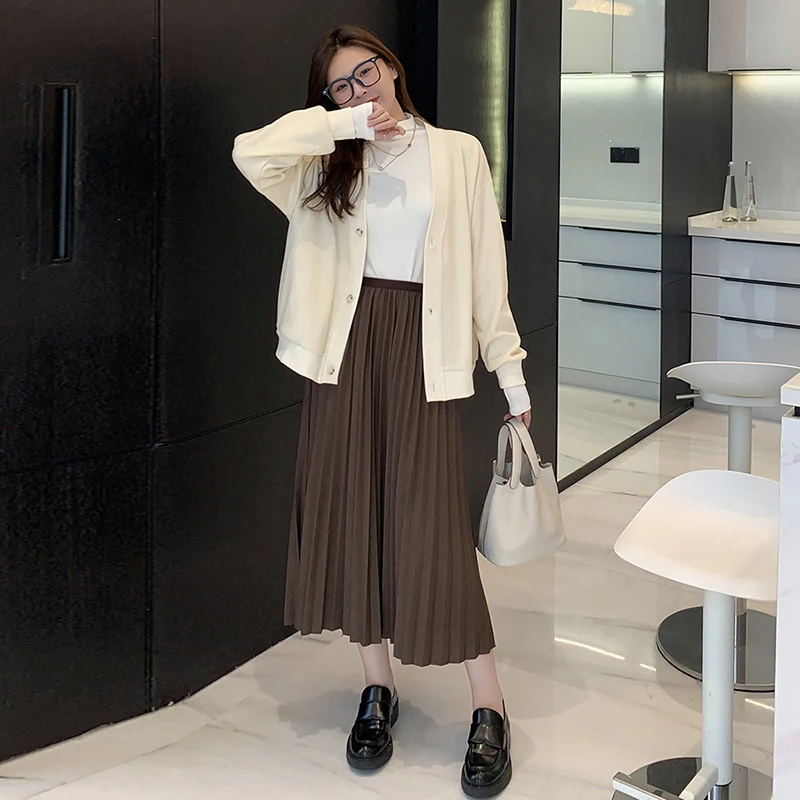 8168# Autumn Winter Korean Fashion Thicken Warm Pleated Maternity Skirts Chic Ins A Line Loose Belly Clothes for Pregnant Women