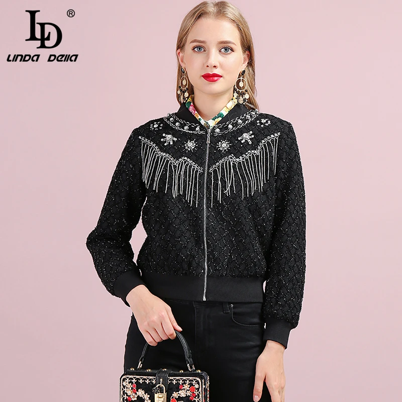 

LD LINDA DELLA Fashion Autumn Winter Vintage Jackets Women's Long Sleeve Tassel Zipper Ladies Stylish Career Black Overcoat