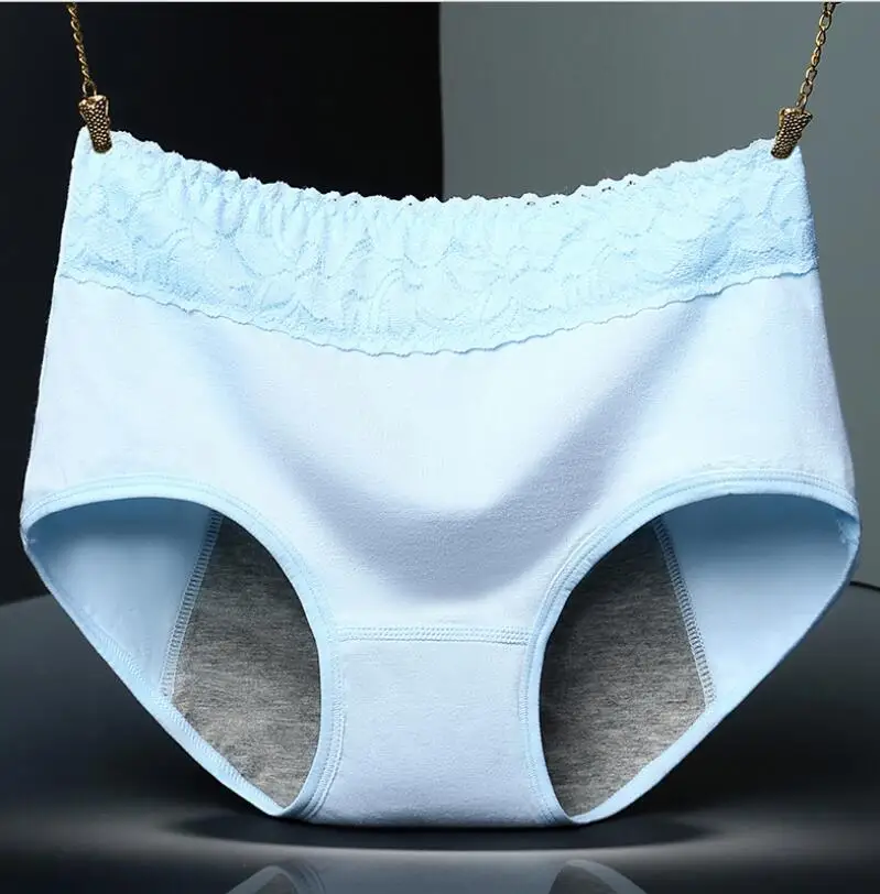 light blue Женские качественные менструальные физиологические под брюки женские хлопковые кружевные брюки протекающее гигиеническое белье девушки бесшовные трусы - Цвет: light blue