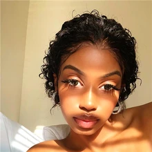 Pre arrancado corte Pixie peluca 250% para las mujeres negras Pixie Peluca de cabello humano nudos blanqueados corto de la onda de agua de Bob de fuente peluca Remy