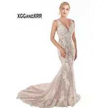 Элегантное Длинное Свадебное платье русалки с v-образным вырезом романтическое кружевное многослойное платье цвета шампанского платья для невесты, аппликация, иллюзия на спине, свадебное платье