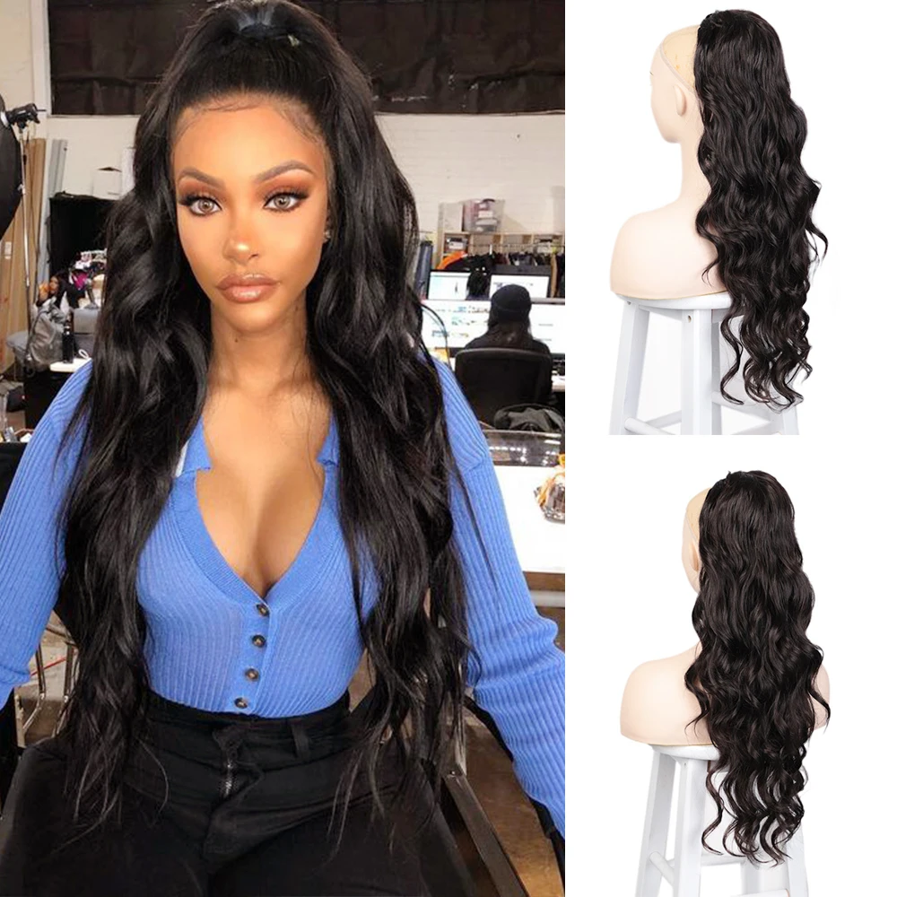 Rabo de Cavalo Grampo de Extensão do Cabelo para Mulheres Lsaic Corpo Ondulado Sintético Preto Marrom Cordão Afro Pônei Cauda Falso Cabelo 6 preto marrom cordão rabo de cavalo afro pônei cauda falso cabelo