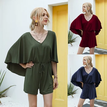 

New 2020 Summer Fashion Elegant Womens Straight Type Casual Jumpsuit V-Neck Bat Sleeve Design Close Waist Siamese Shorts