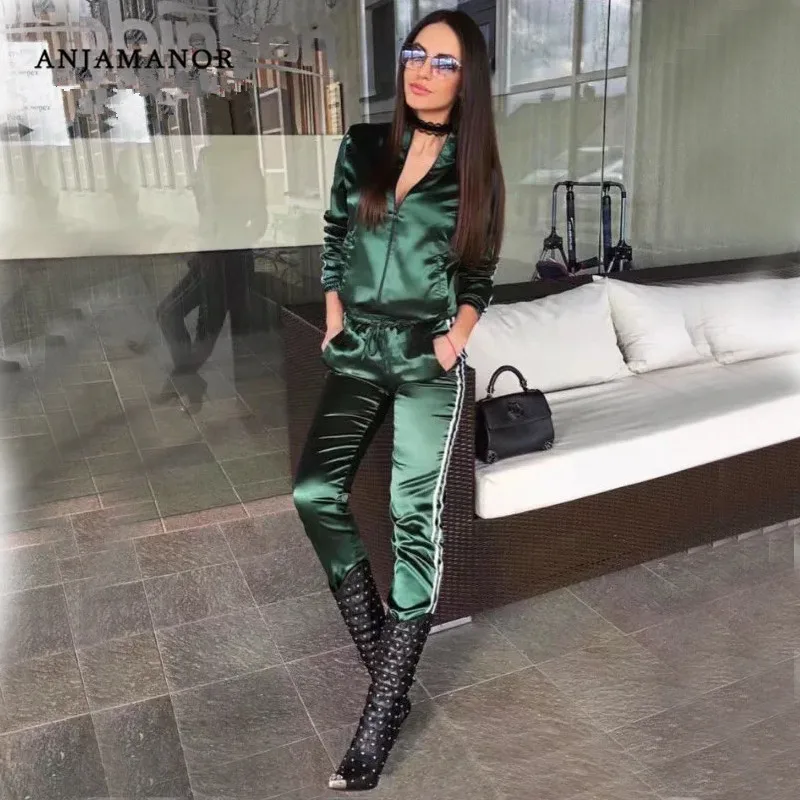 Satin two piece set tracksuit for women 