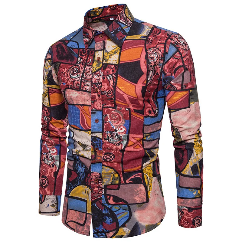 Мужская рубашка Blusas, одежда с открытым стежком, умная повседневная одежда с воротником-стойкой, обычные повседневные рубашки на пуговицах, рабочая одежда, большие размеры, с принтом
