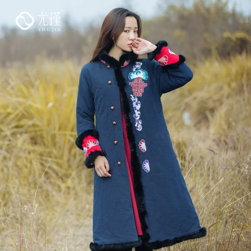 

2019 National Wind Autumn And Winter WOMEN'S Dress New Style Chinese Style Retro Cotton-padded Jacket Loose-Fit Women's Mid-leng
