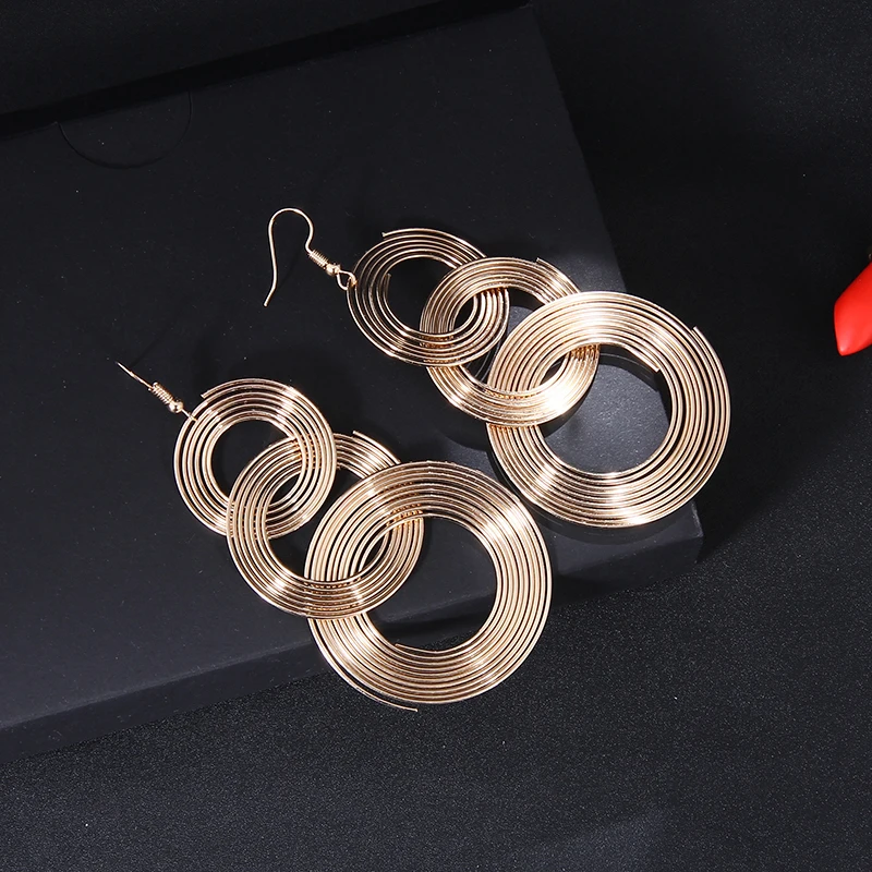 

Punk Jewelry Gold Colour Big Geometric 3 Circle Metal Long Dangle Earrings for Women Bohemian Party Exaggerated Fashion