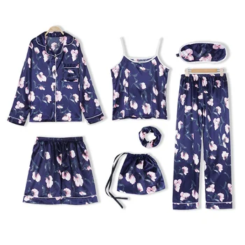 

Brand 7Pcs Suit Womens Sexy Summer Silk Lingerie Autumn Spaghetti Strap Pajamas Gown Korean Ladies Pajama Sets Cute Sleepwear