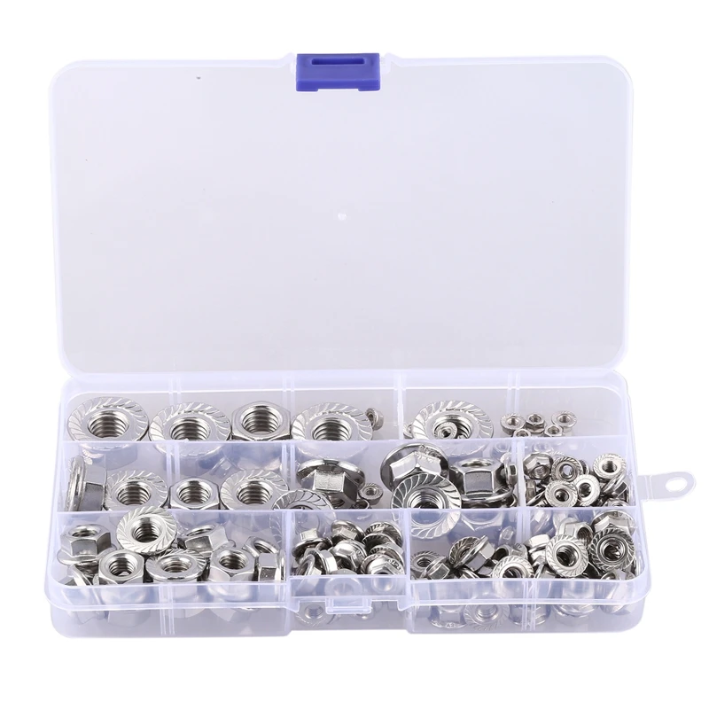 Top-150Pcs из нержавеющей стали зубчатый шестигранный фланец гайки фланец метрический шестигранный ЗАМОК гайки Ассортимент Комплект(M3 M4 m5 m6 m8 m10 m12
