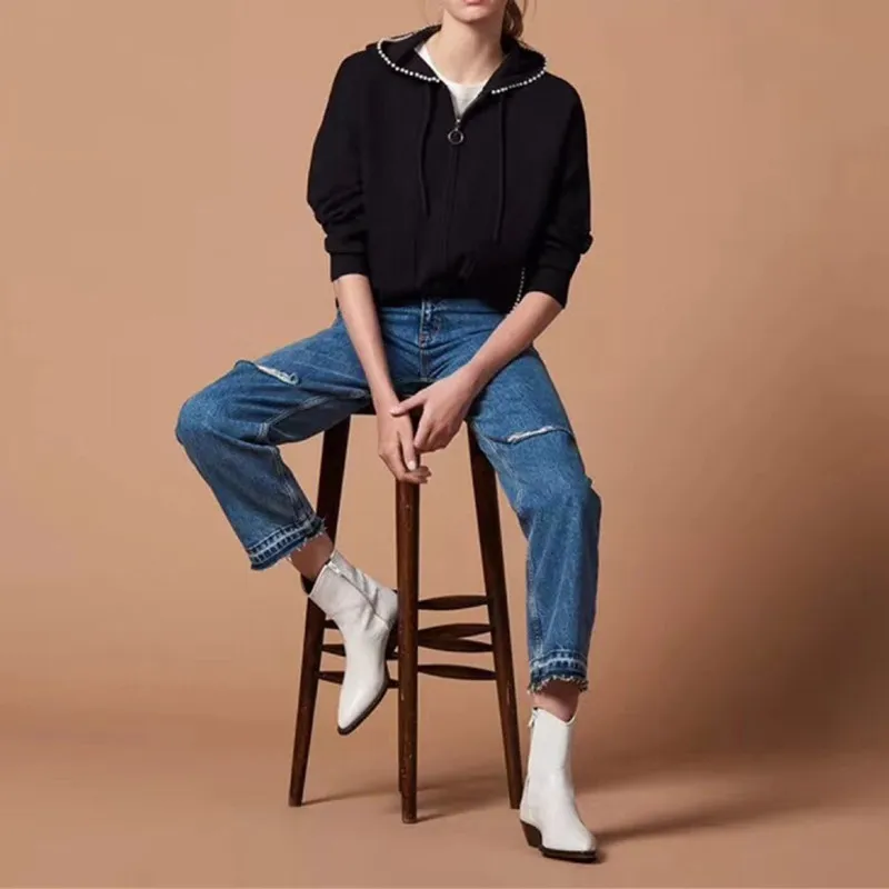 

Women's Black Hooded Knit Sweater Hoodies Beading Hood Design Zipper Cardigan Coat For Autumn Winter