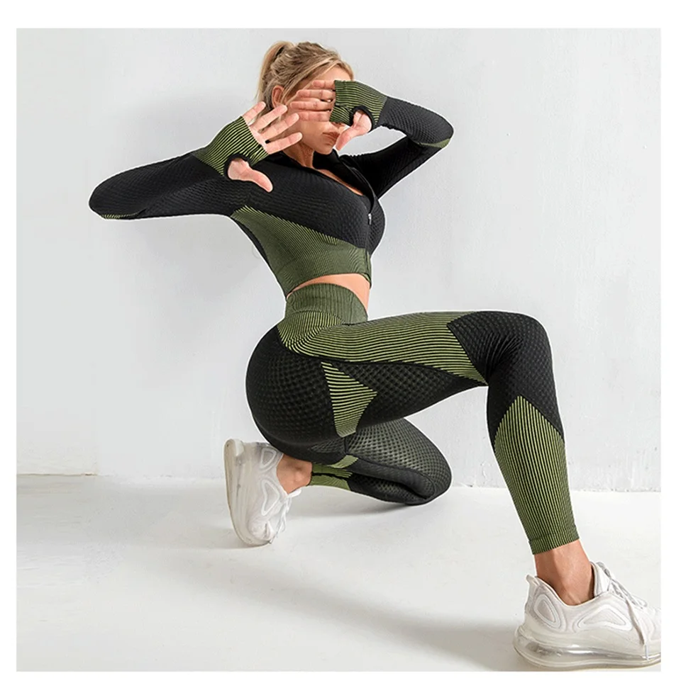 MERCB Fatos de ioga femininos conjunto de roupa esportiva roupa esportiva  calças de corrida leggings de ginástica sem costura top cropped de manga  comprida Yog