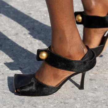 

Luxury Gold Buttons Designer Square Toe Sandals Fashion Women High Heels Shoes Genuine Leather Ladies Summer Party Pumps Shoes