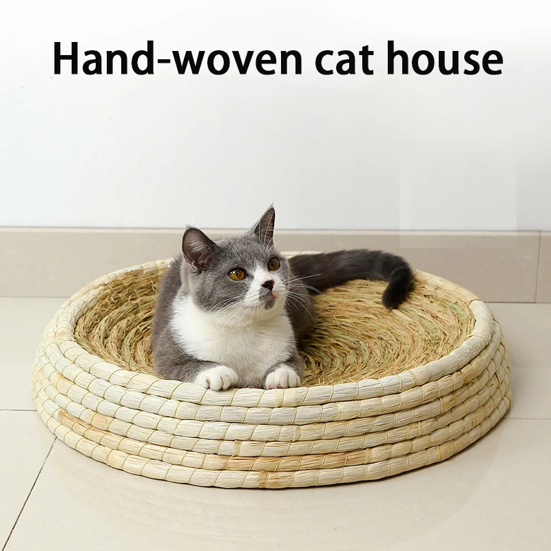 Handmade Straw Woven Cat House Round Cat Scratcher Four Seasons