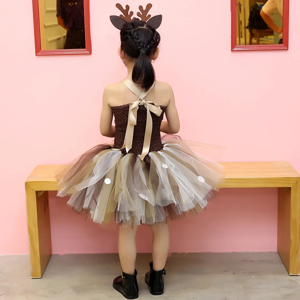 Платье-пачка с оленем; платья для маленьких девочек; костюм на Хэллоуин для детей; маскарадный костюм с лосем; рождественские вечерние платья с повязкой на голову