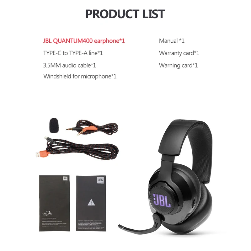 JBL Quantum 400 Wired Headsets Gamer With Mic LED Light 3 5mm Portable Audio Headsets Stereo Bass Earphones For PC Xbox PS4 PSP